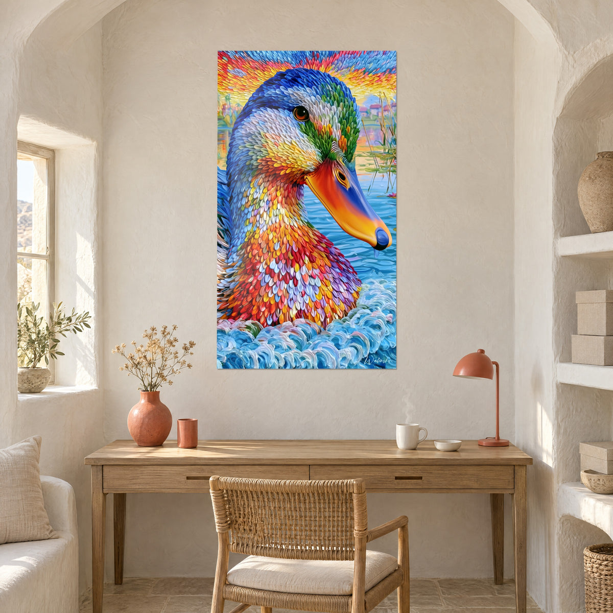 Gemälde Ente mit spitzem orangefarben-marineblauem Schnabel, pastellfarben grün geschuppte Federn, weiße gekalkte Wand, über einem Holzschreibtisch