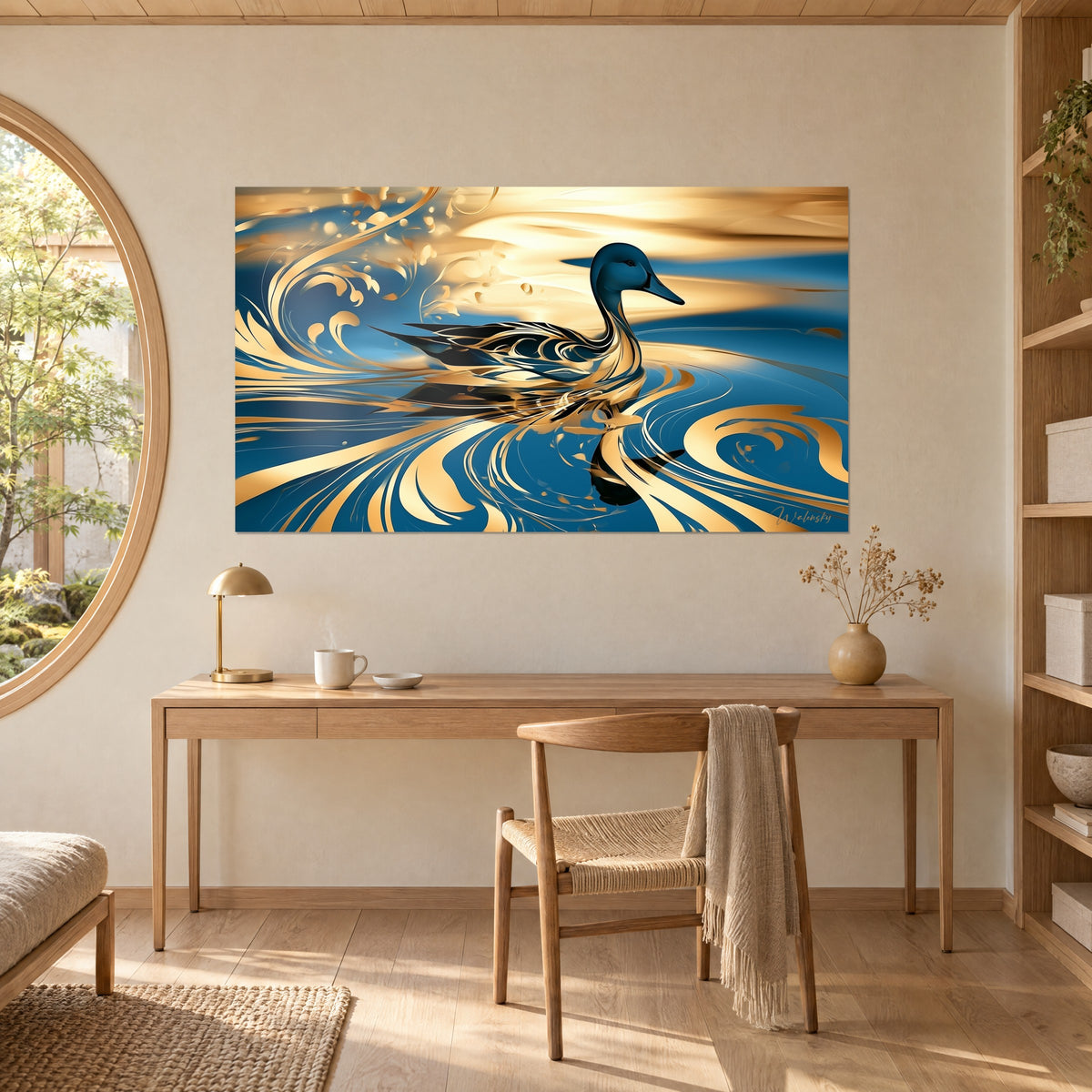 Gemälde goldene Wirbel auf blauem See, in dem eine Stockente schwimmt, über einem Schreibtisch aus hellem Holz angebracht, beige Lampe und Strohsessel