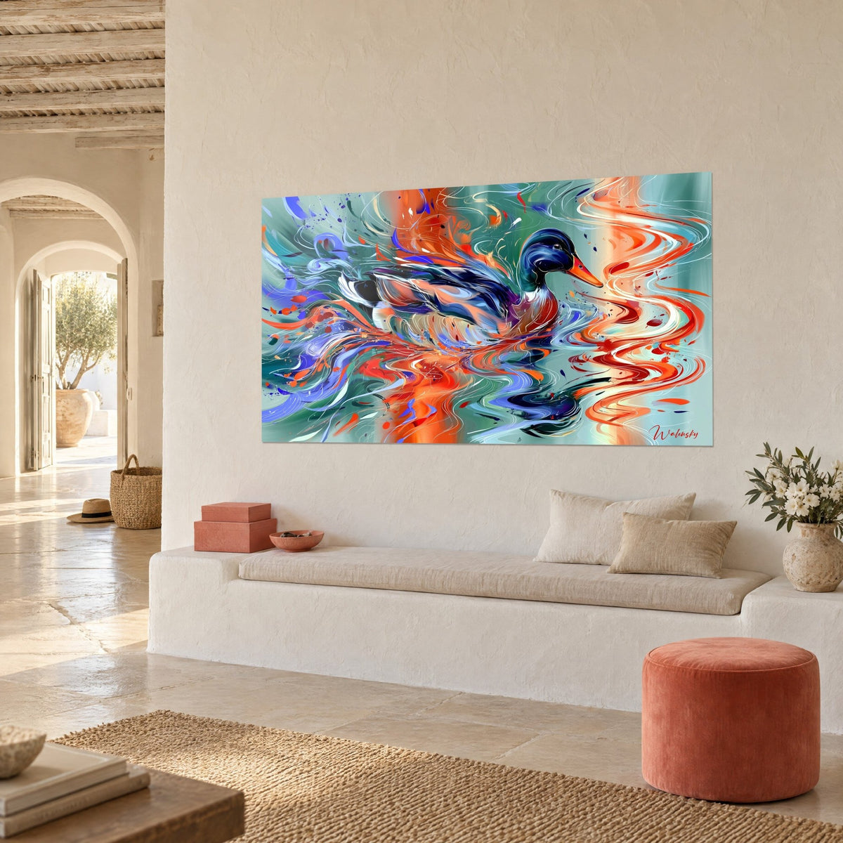 Tableau oiseau aquatique aux plumes indigo et orange, remous rouges vifs sur fond vert d'eau, vue de trois-quarts, banquette blanche
