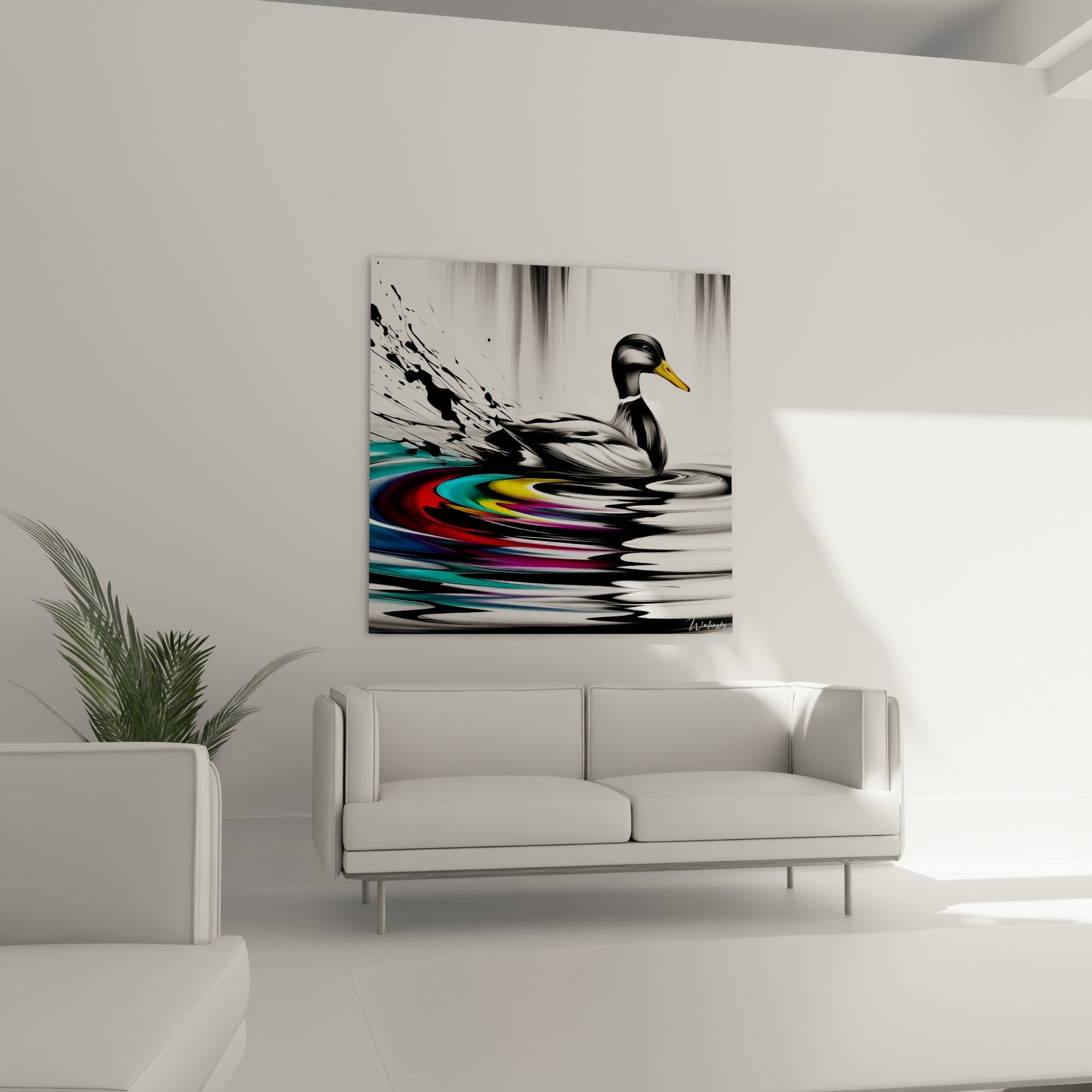 Silhouette élégante d'un canard entouré d'éclaboussures noires, placée au-dessus d'un canapé dans un salon lumineux