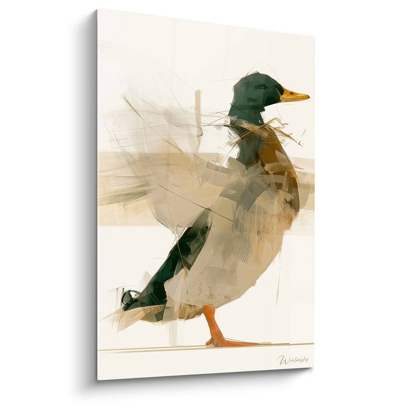 Tableau Colvert vert sombre et beige aux traits balayés - Pattes orangées en marche - Edition Canard