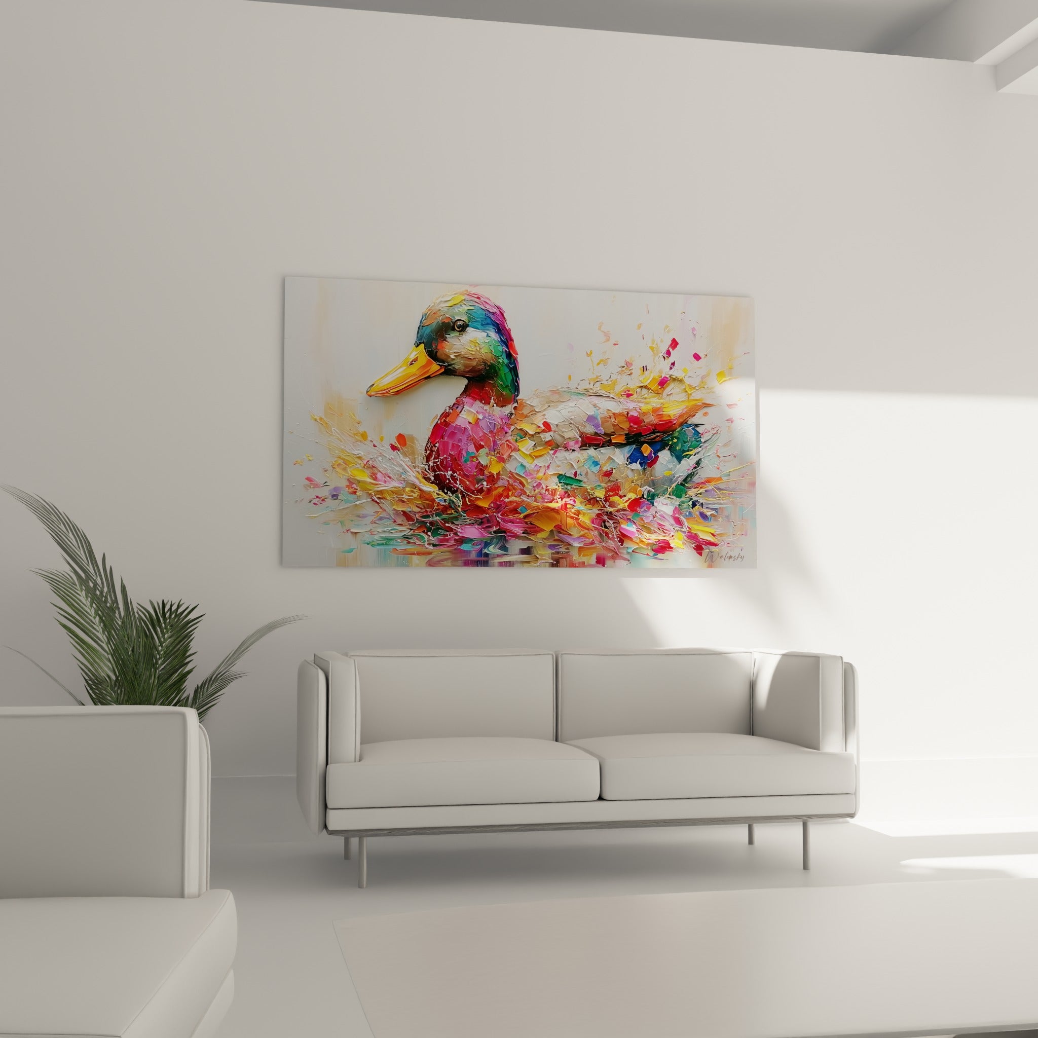 Tête de canard aux couleurs vertes et roses éclatantes au-dessus d'un canapé dans un salon lumineux