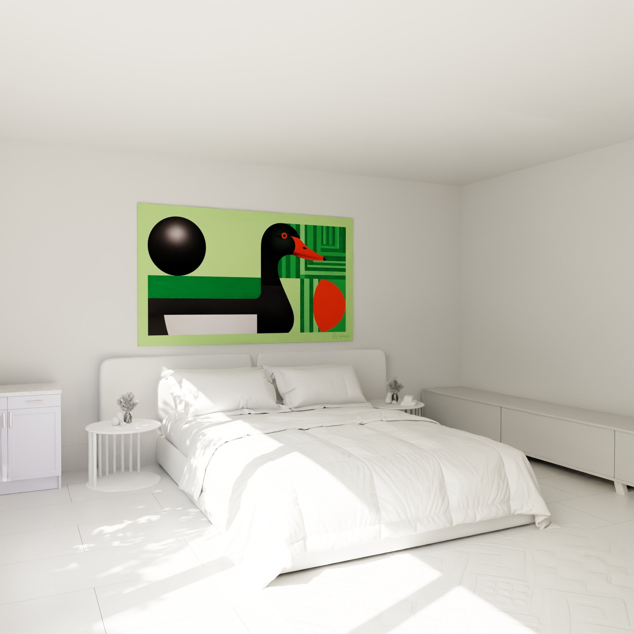 Silhouette de canard noir et orange au-dessus d'un lit dans une chambre claire