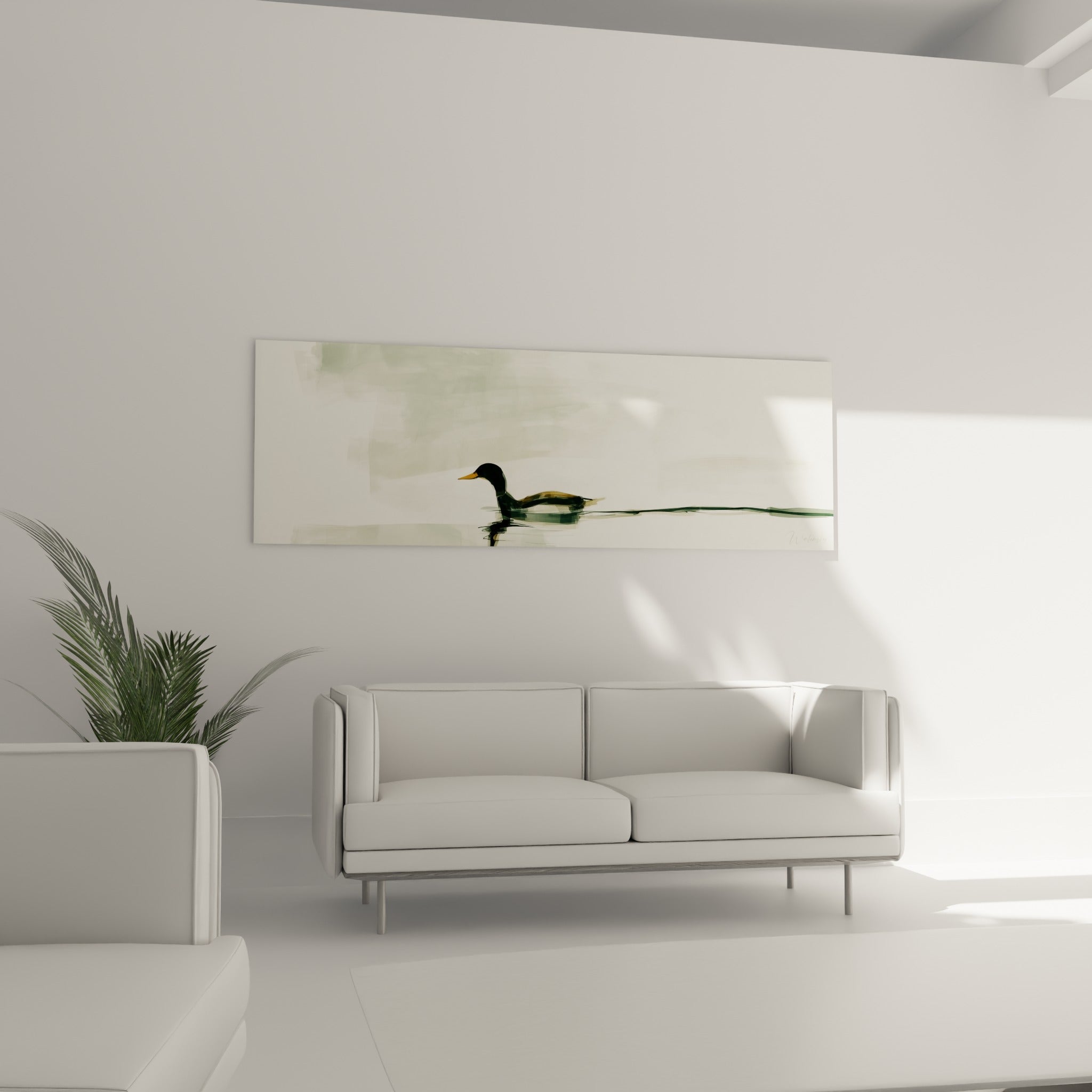 Silhouette de canard sombre glissant sur une eau pâle, toile suspendue au-dessus d'un canapé dans un salon lumineux