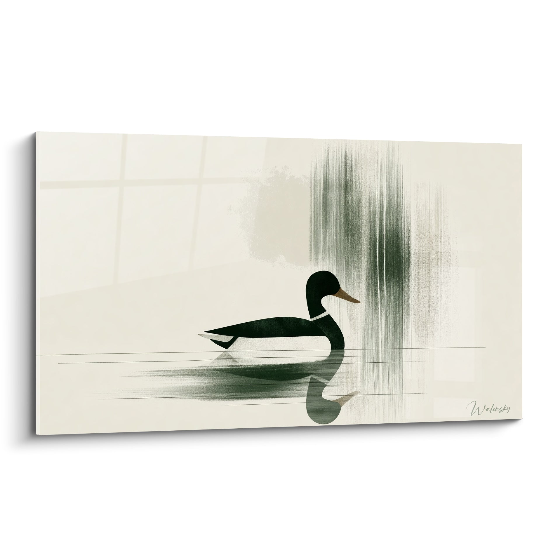 Canard vert sombre au bec ocre glisse sur une eau beige striée de traits verticaux