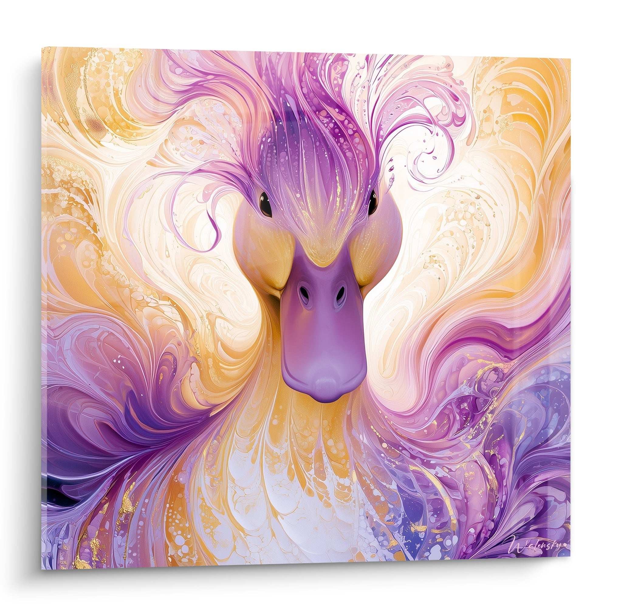 Canard au bec violet et joues dorées, plumage stylisé en volutes marbrées lumineuses