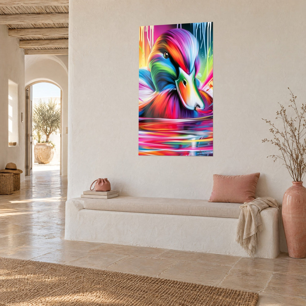 Tableau oiseau aquatique au bec blanc et crinière violette, reflets magenta, mur crème, banquette blanche, maison méditerranéenne