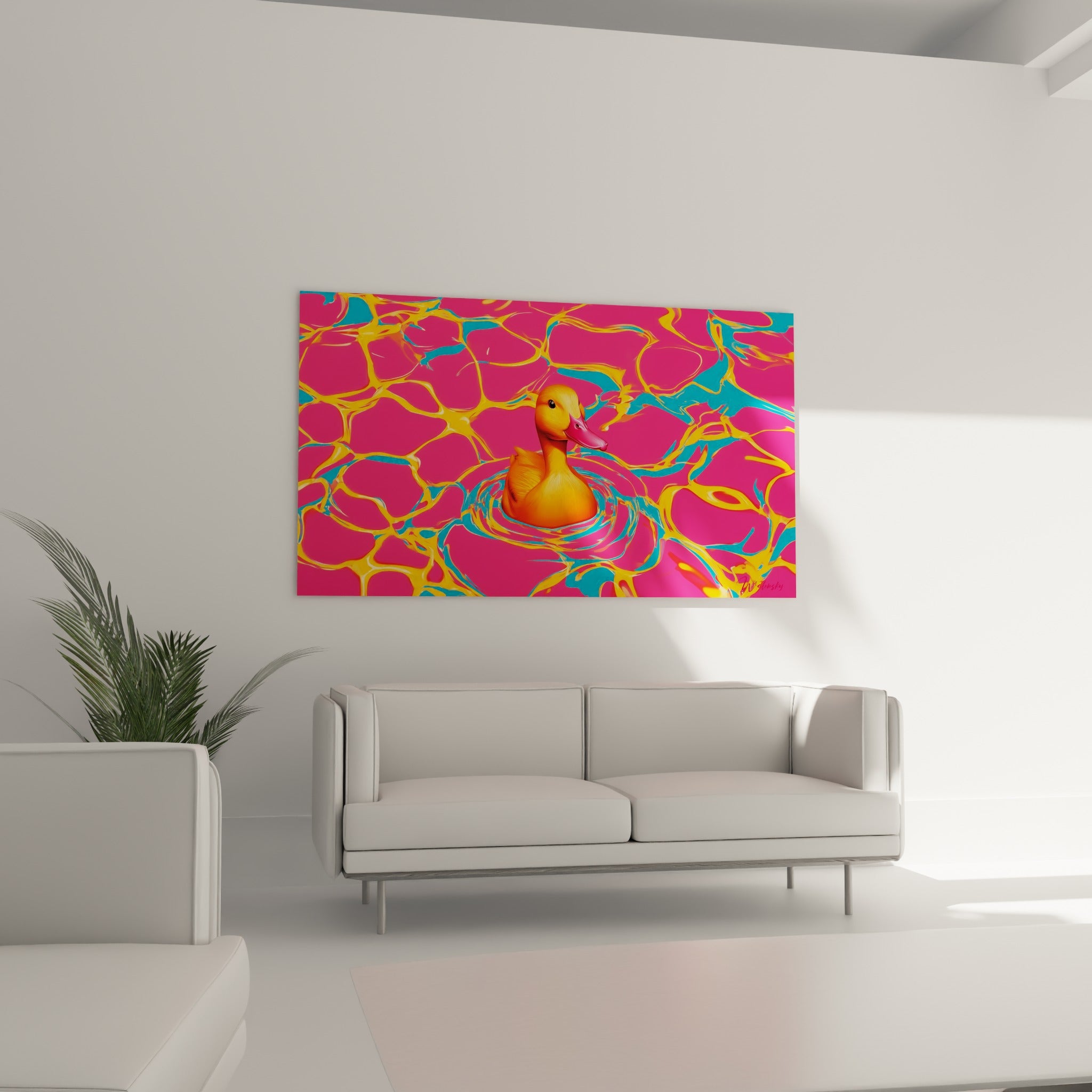 Canard vif entouré de volutes roses et bleues accroché au-dessus d'un canapé dans un salon lumineux