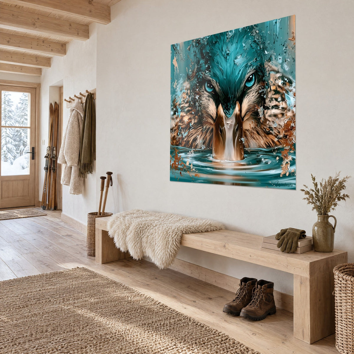 Quadro germano reale in pittura a impasto spesso, becco bruno ramato e cresta blu anatra sull'acqua, appeso nell'ingresso in legno chiaro dello chalet