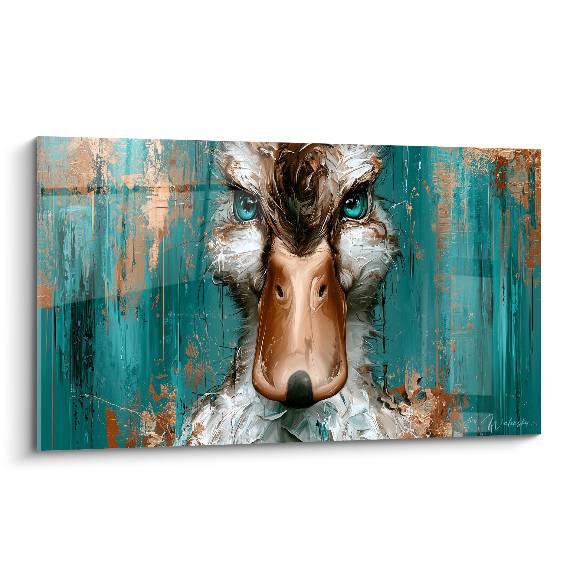 Canard aux yeux turquoise et bec beige rosé, texture cuivrée et coulures sur fond vert profond