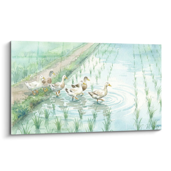 Quadro Anatre Acquerello Toni Pastello Verdi e Blu - Serenità Campestre - Edizione Risaie
