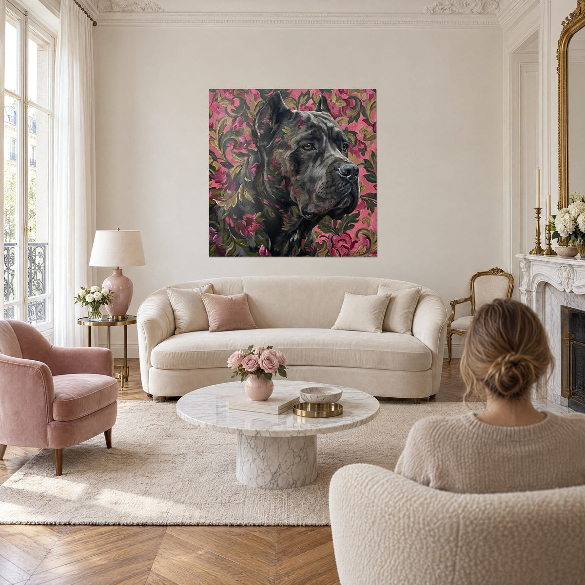 Wall art charcoal grey Cane Corso, muzzle in profile, surrounded by bubblegum pink and fir green arabesques, above a sofa in a bright living room