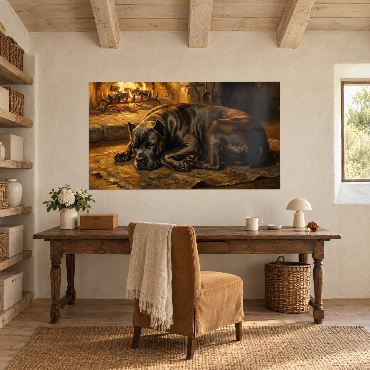 Wall art of a dozing guard dog, muzzle resting on its paw, red embers and warm brown, on a stone office wall