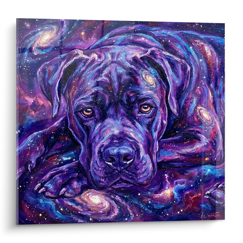Kosmisches Hundegemälde in Violett- und Blautönen - Galaktische Vision - Cane Corso Edition