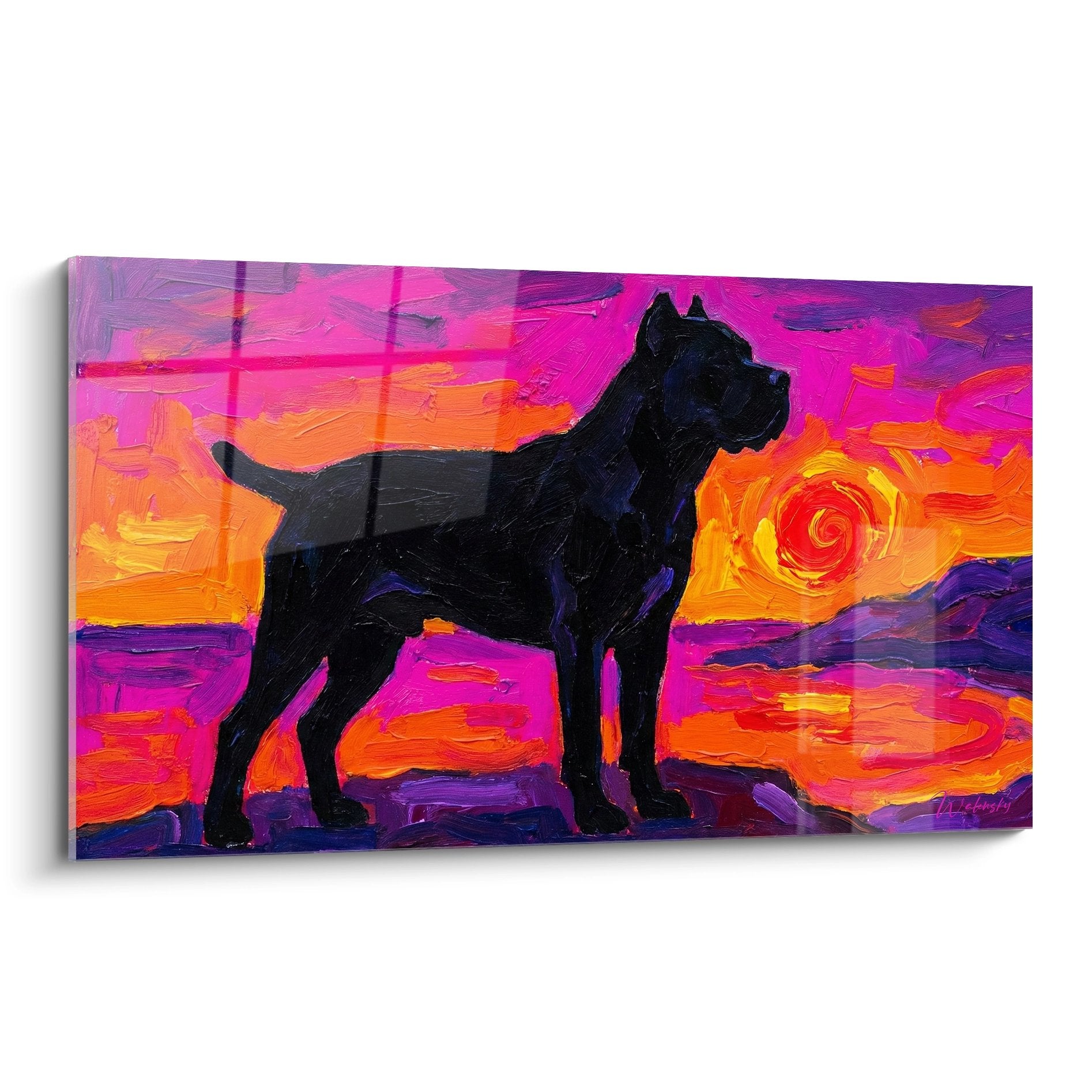 Tableau expressionniste Cane Corso silhouette noire coucher soleil rose orange art canin contemporain