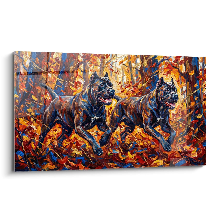 Tableau Deux Cane Corso Courant dans Feuillage Automnal - Élan Sauvage - Edition Cane Corso