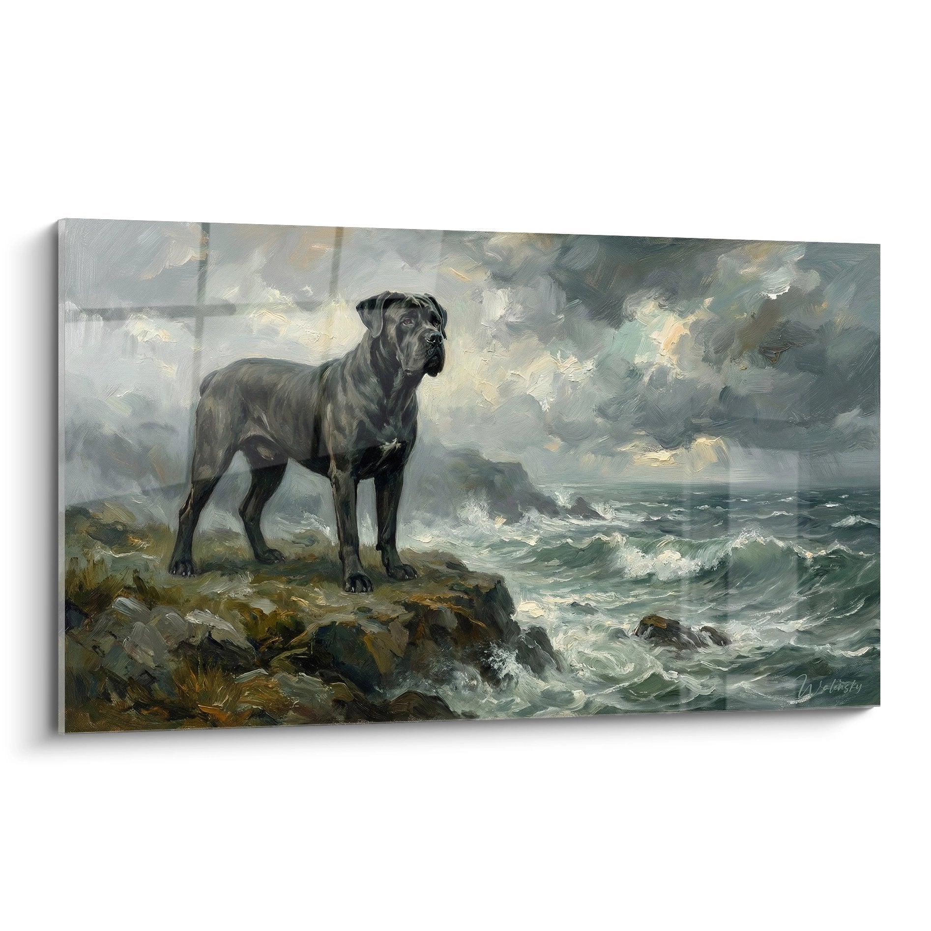 Tableau Cane Corso noir majestueux sur falaise face océan tempétueux ciel orageux