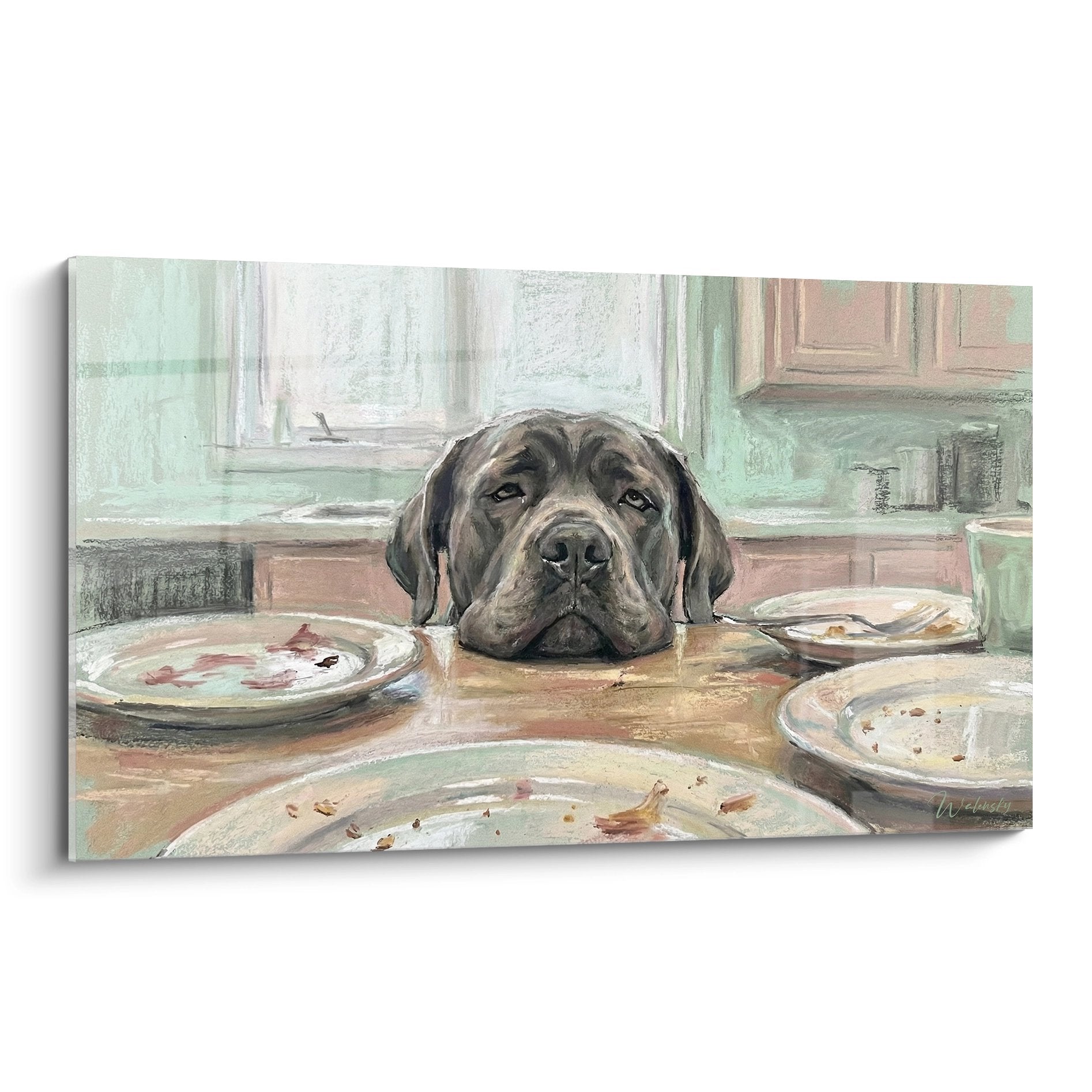 Tableau Cane Corso mélancolique entouré d'assiettes vides dans cuisine aux tons pastel vert et rose