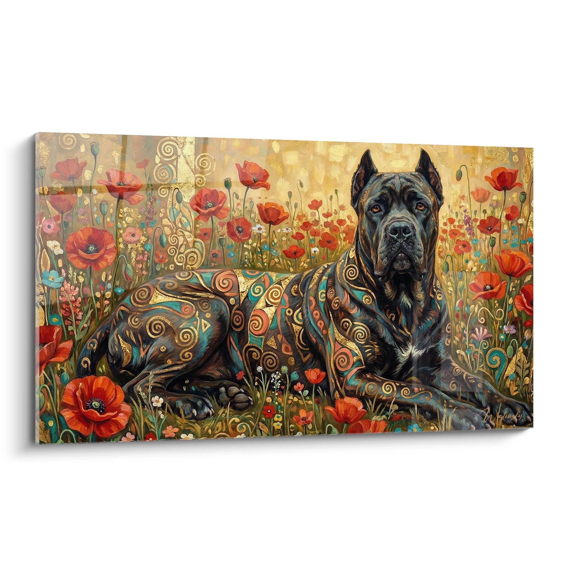 Tableau artistique Cane Corso aux motifs dorés ornementaux dans champ de coquelicots rouges style décoratif