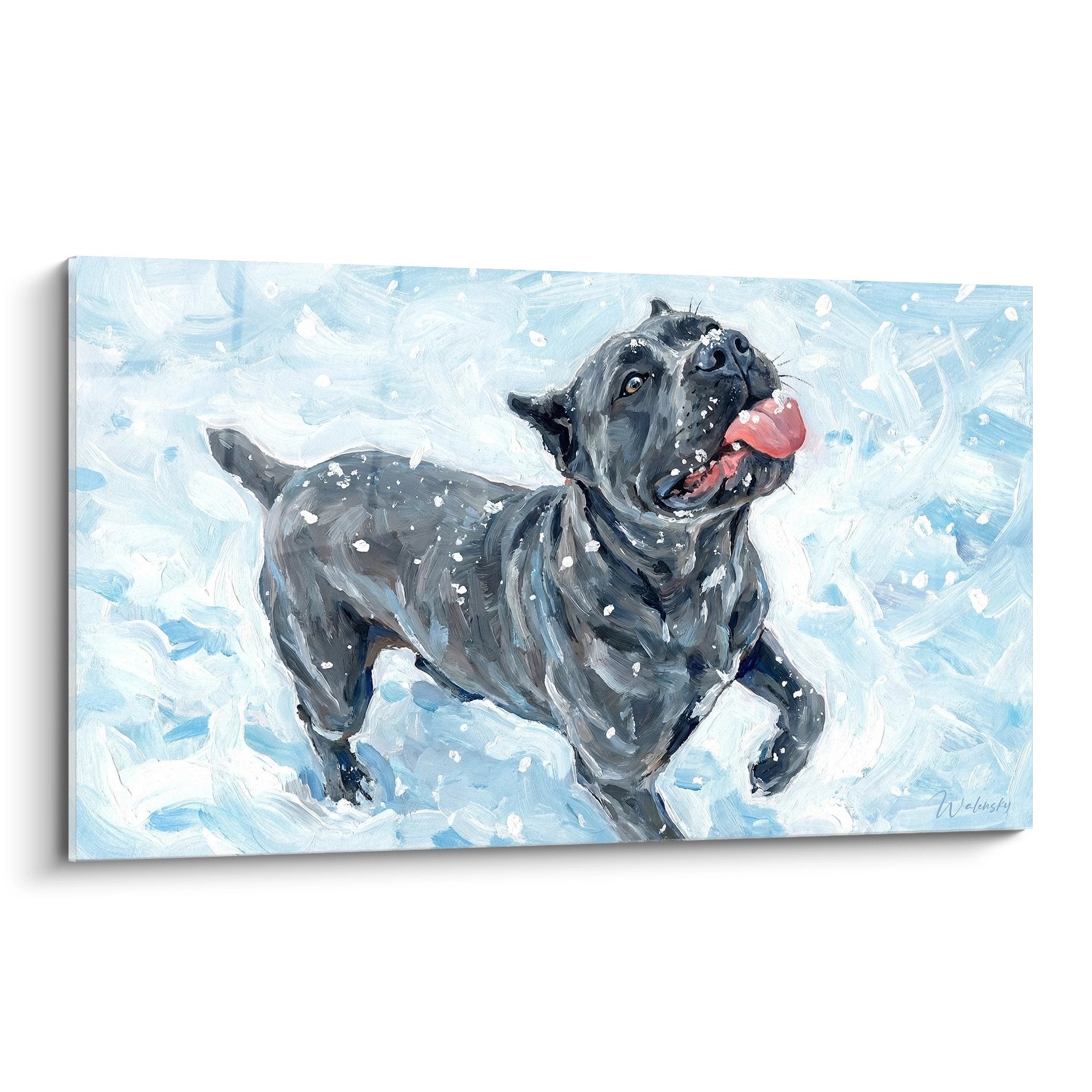 Tableau d'art mural représentant un Cane Corso gris jouant joyeusement dans la neige avec flocons blancs