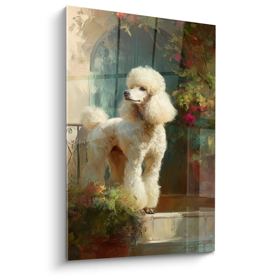 tableau caniche blanc poil boucle balcon fleuri architecture classique peinture artistique tons ocre
