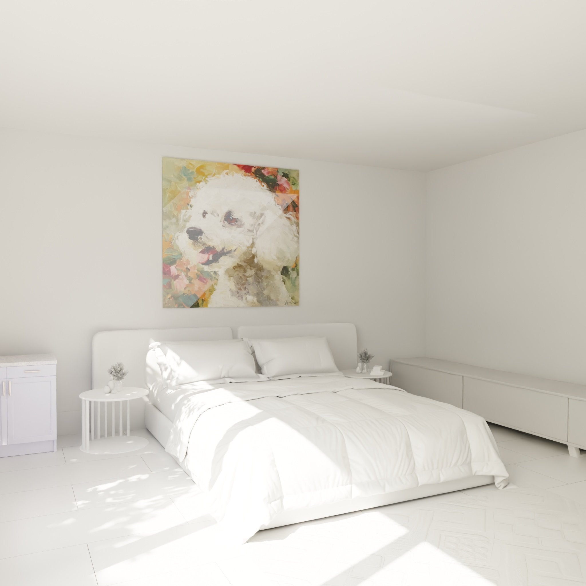 Bild Weiße Pudel bunte Blumen im Schlafzimmer Wanddekoration sanfte Atmosphäre