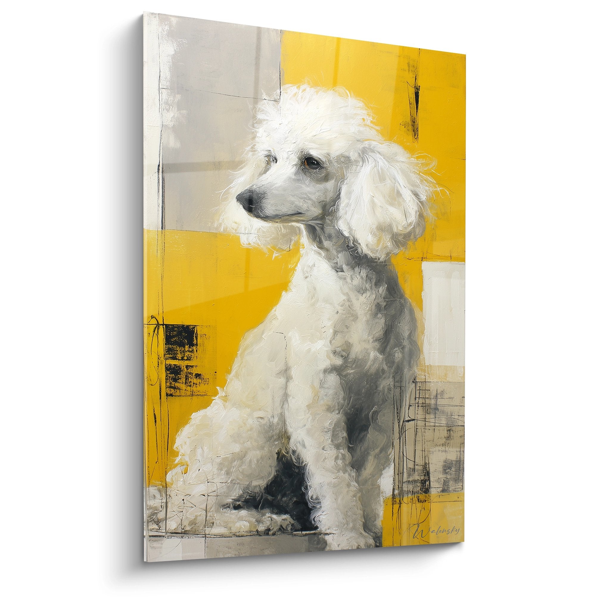Tableau moderne caniche blanc sur fond jaune abstrait, portrait artistique contemporain