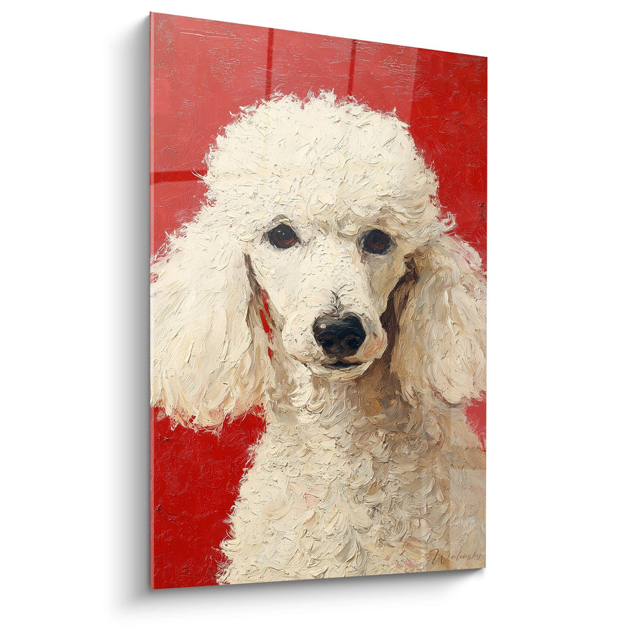 Tableau Caniche Blanc sur Fond Rouge Vif - Portrait Expressif - Edition Caniche