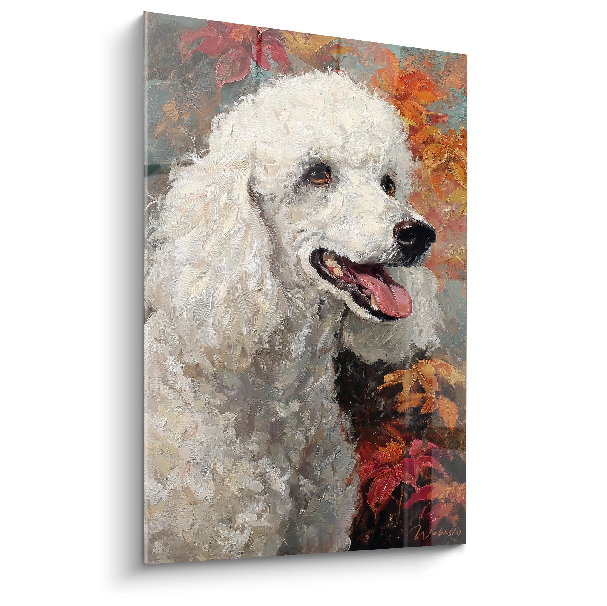 Portrait artistique caniche blanc pelage boucle langue rose feuillages automne orange rouge dore tableau mural