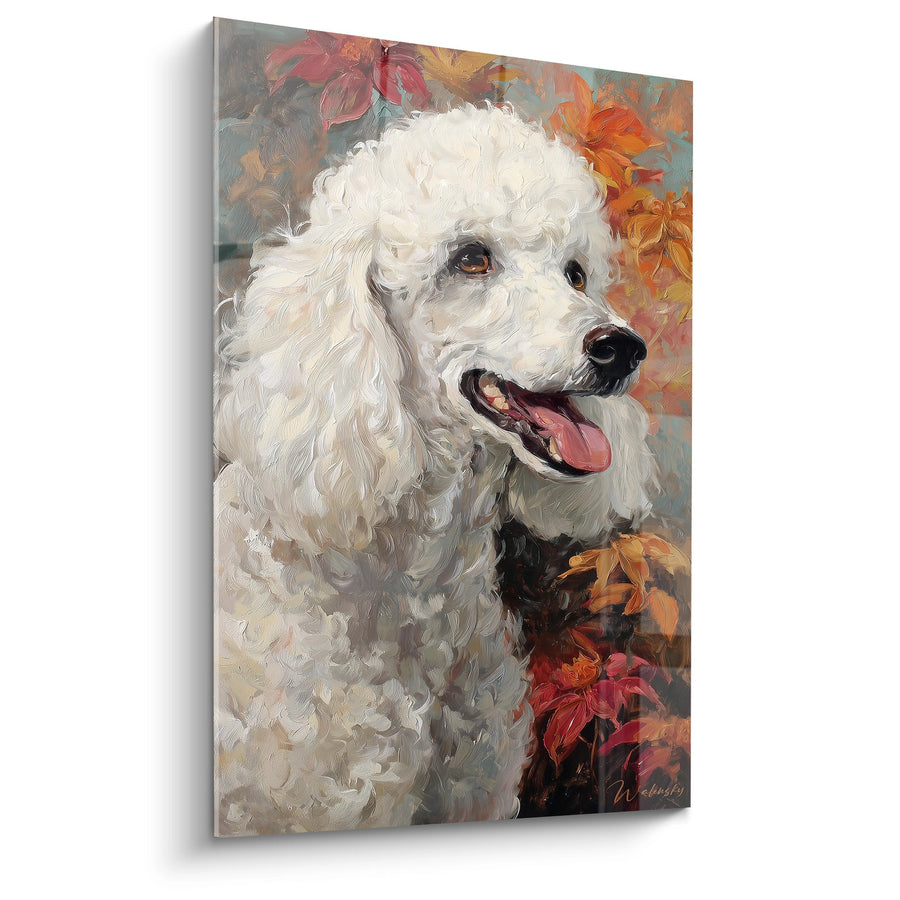 Tableau Caniche Blanc aux Feuillages Automnaux - Portrait Joyeux - Edition Caniche