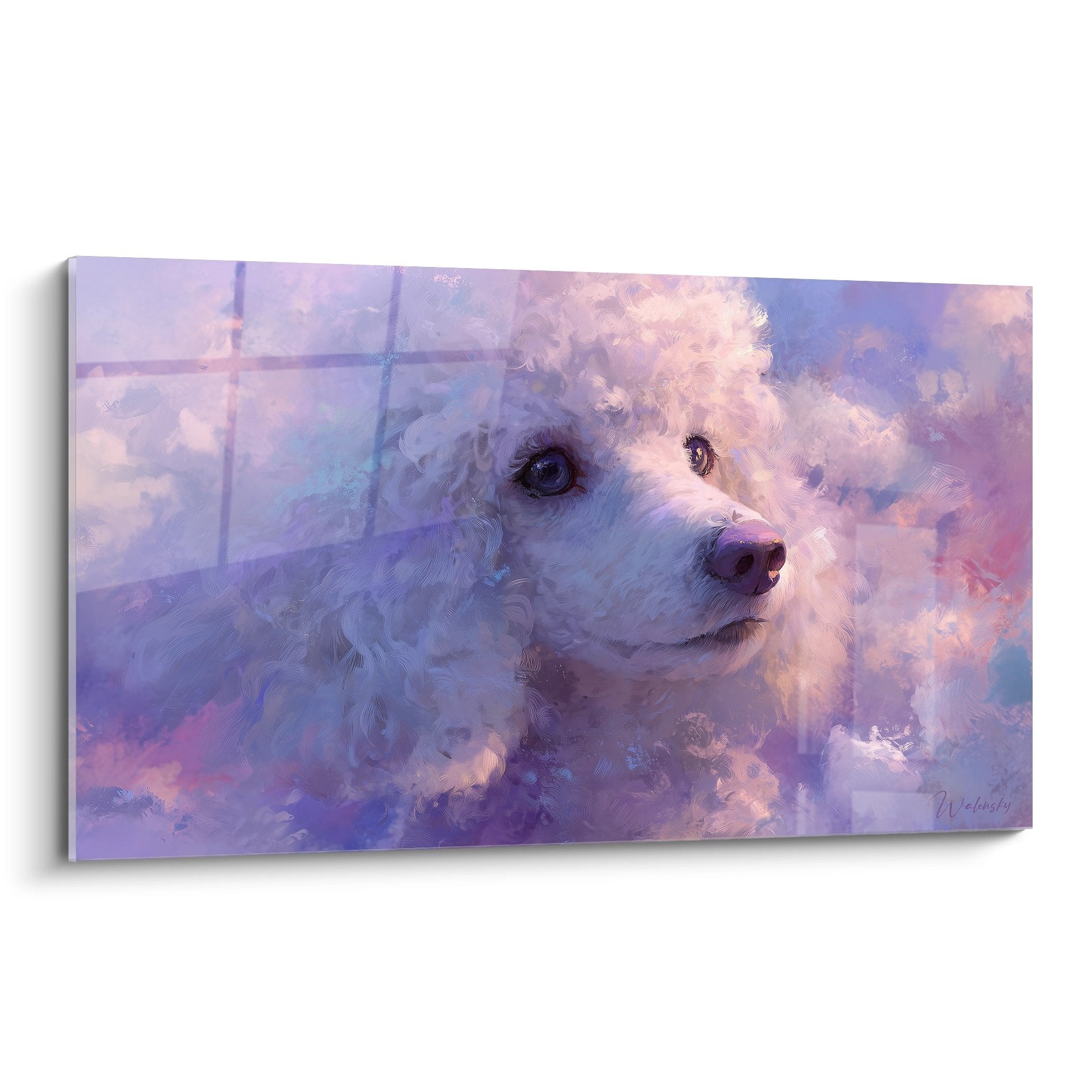 Portrait artistique caniche blanc tons violets roses technique impressionniste pastel decoration murale