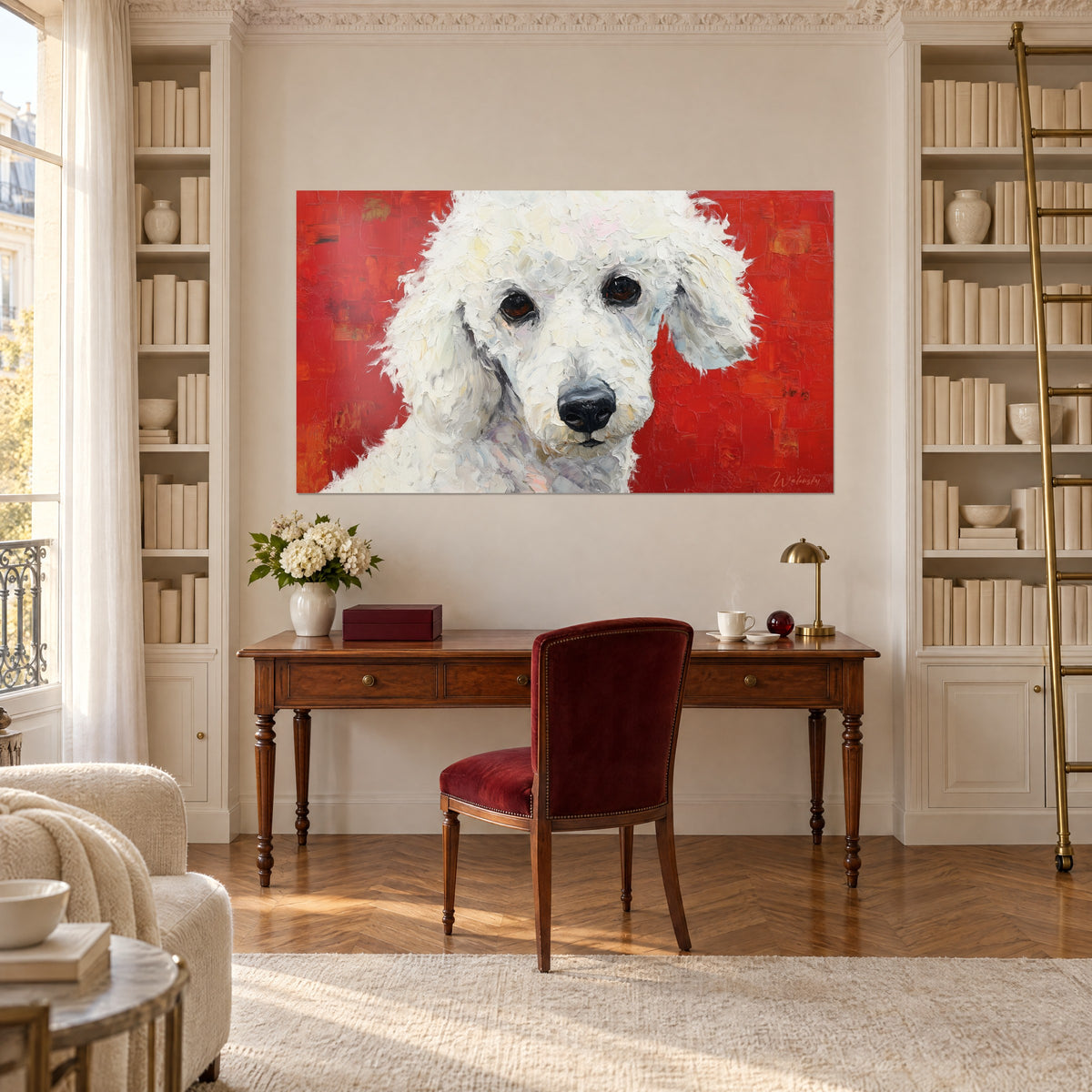 Quadro barboncino dalle orecchie cadenti bianco avorio su fondo rosso strutturato, scrivania in legno e libreria haussmanniana