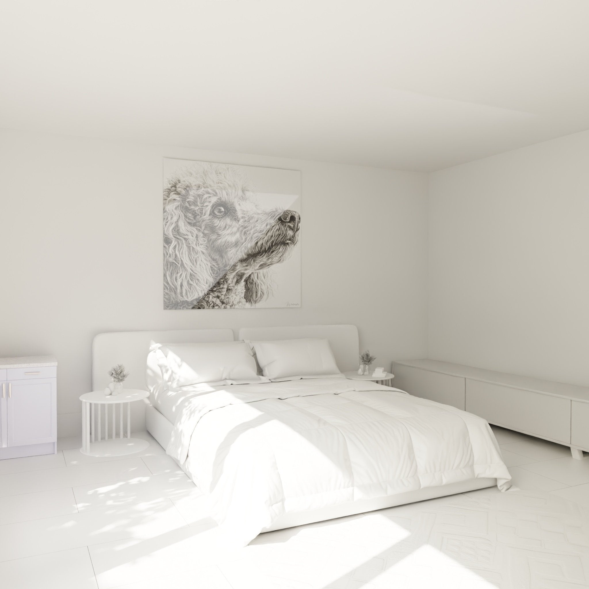 Tableau portrait caniche contemplatif accroché au-dessus d'un lit dans chambre moderne aux tons neutres