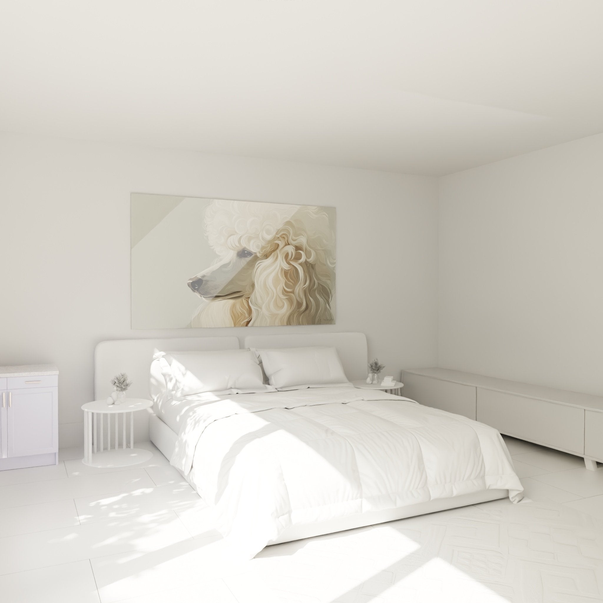 Tableau caniche blanc aux tons beiges installé au-dessus d'un lit dans chambre moderne