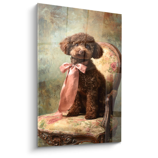 Tableau caniche chocolat ruban rose fauteuil fleuri portrait aristocratique style vintage