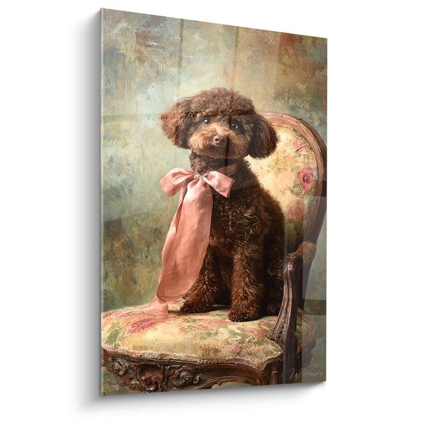 Quadro Barboncino Cioccolato al Fiocco Rosa su Poltrona Floreale - Ritratto Aristocratico - Edizione Barboncino