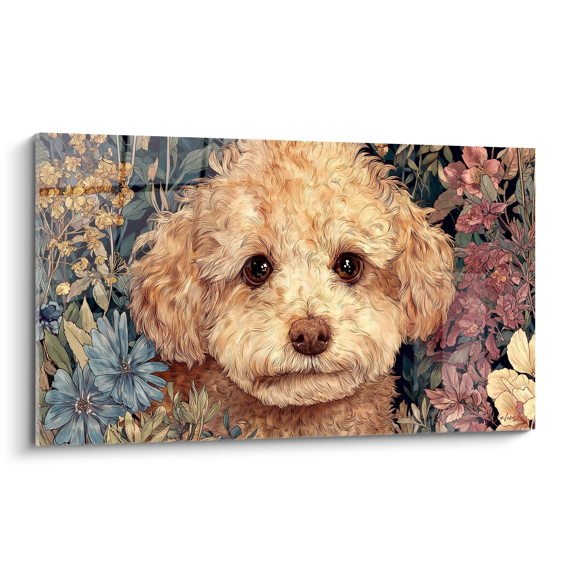 Portrait artistique caniche crème aux yeux bruns dans jardin fleuri coloré - tableau mural décoratif