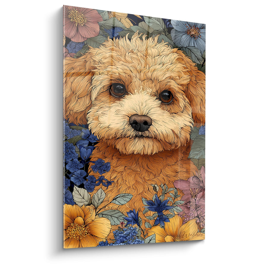 Tableau Caniche Doré aux Yeux Tendres sur Fond Fleuri - Douceur Printanière - Edition Caniche