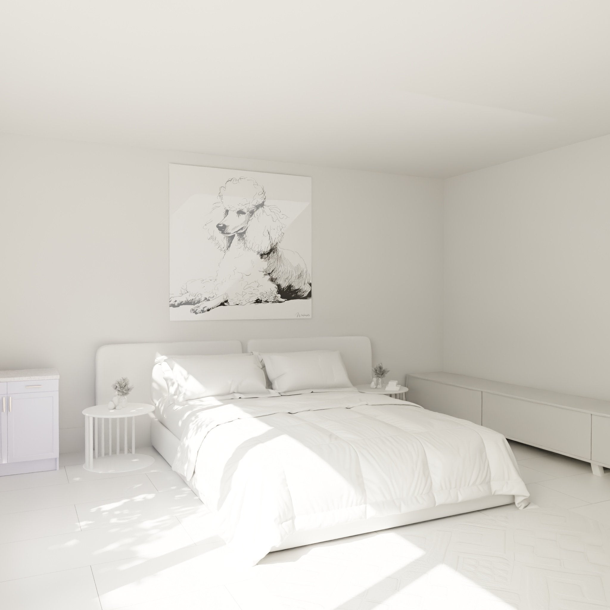 Pudel-Kunstdruck schwarze Tinte dekoriert modernes Schlafzimmer weiße Wände beruhigende Atmosphäre Tierkunst