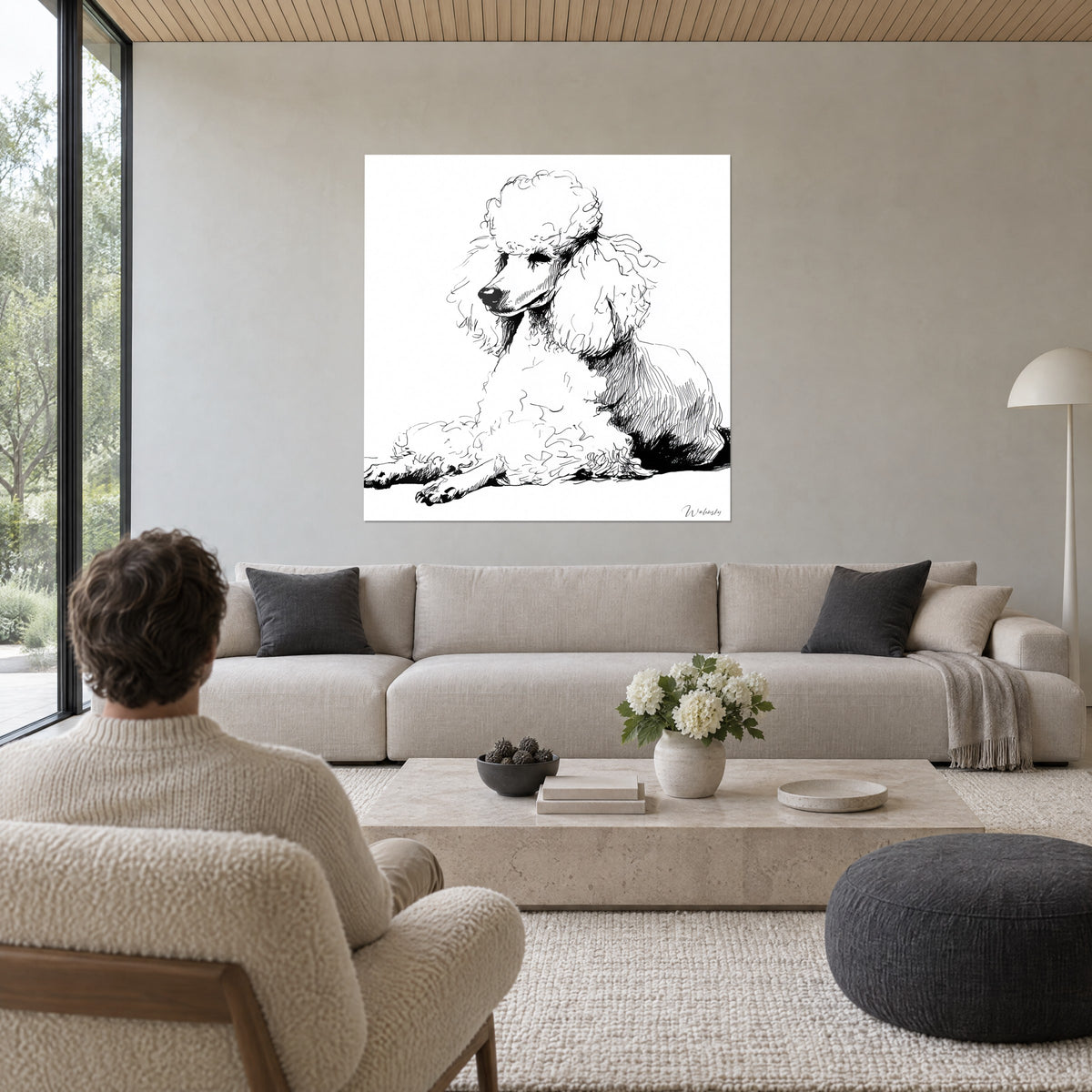 Schilderij liggende krullende poedel, zwarte inkt op witte achtergrond, een man van achteren boven een bank in een lichte woonkamer