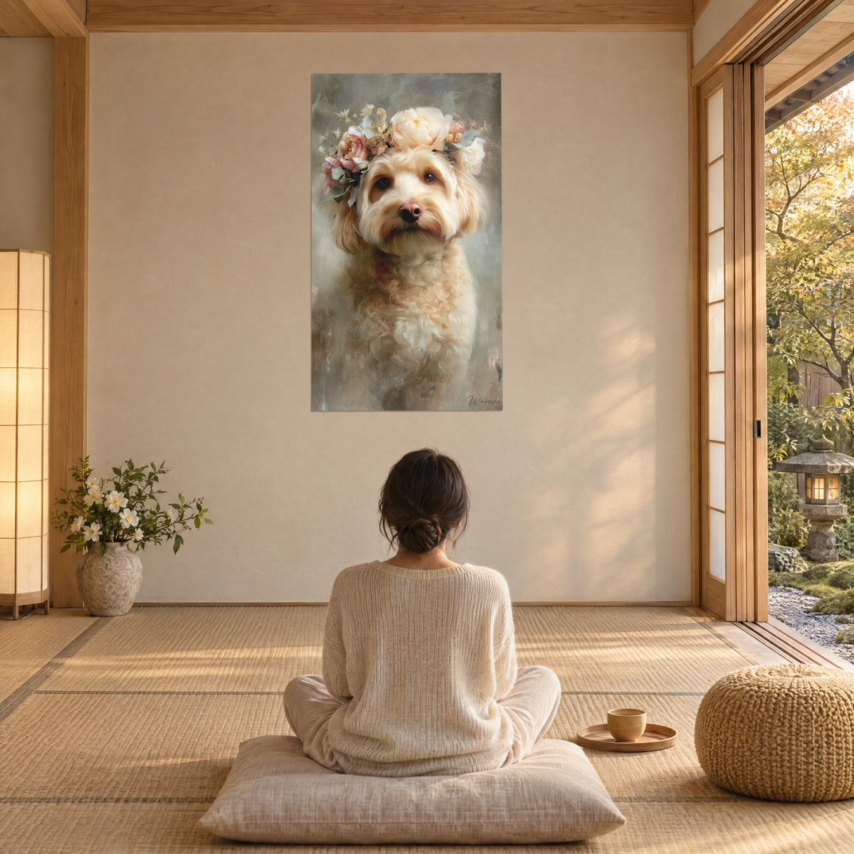 Quadro cucciolo riccio color crema, corona floreale rosata e sfondo tortora, donna seduta a gambe incrociate di spalle su un cuscino da meditazione