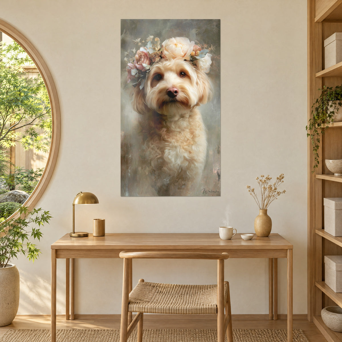 Quadro bichon con corona di peonie champagne e azzurro ghiaccio, appeso sopra una scrivania in legno chiaro
