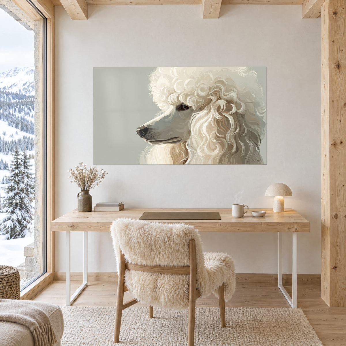 Quadro del profilo elegante di un barboncino con criniera avorio e sabbia, parete bianca, scrivania in legno chiaro, sedia in pelliccia