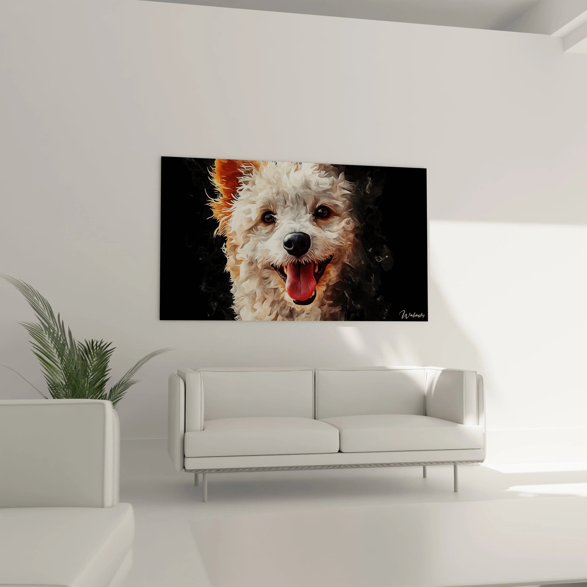 Un tableau caniche représentant la tête d'un caniche blanc souriant avec la langue sortie. Jeux de textures élaborés dans le rendu de la fourrure bouclée, transitions douces entre blanc crème et touches orangées, yeux bruns lumineux.
