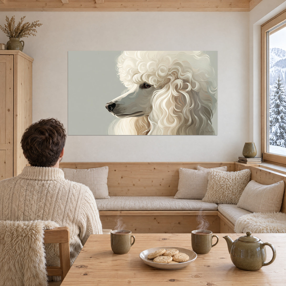 Quadro di un barboncino con boccoli color crema, tartufo nero e sfondo grigio salvia, di fronte a un angolo salotto in legno con vista sulla neve