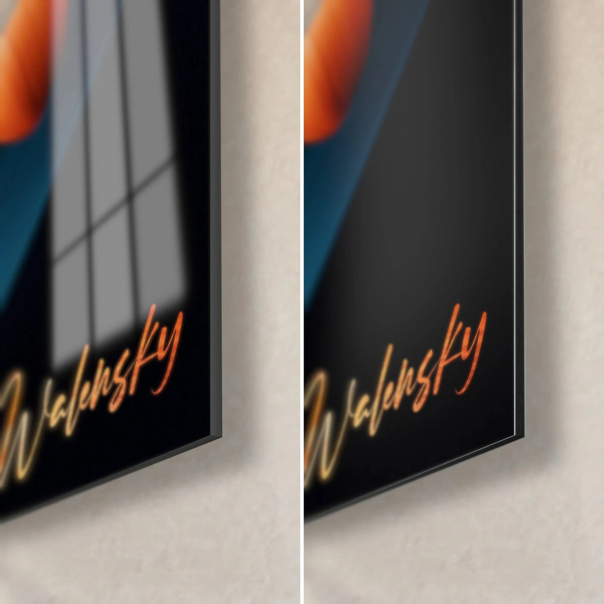 Tableau lys orange et fond noir, coin bas droit : verre acrylique brillant à gauche, alu Dibond mat à droite, tranche 3 mm