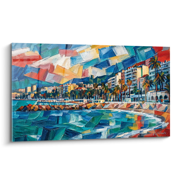 Tableau Littoral turquoise et orangé aux palmiers cubistes - Éclats de Riviera - Edition Cannes Provence-Alpes-Côte d'Azur France