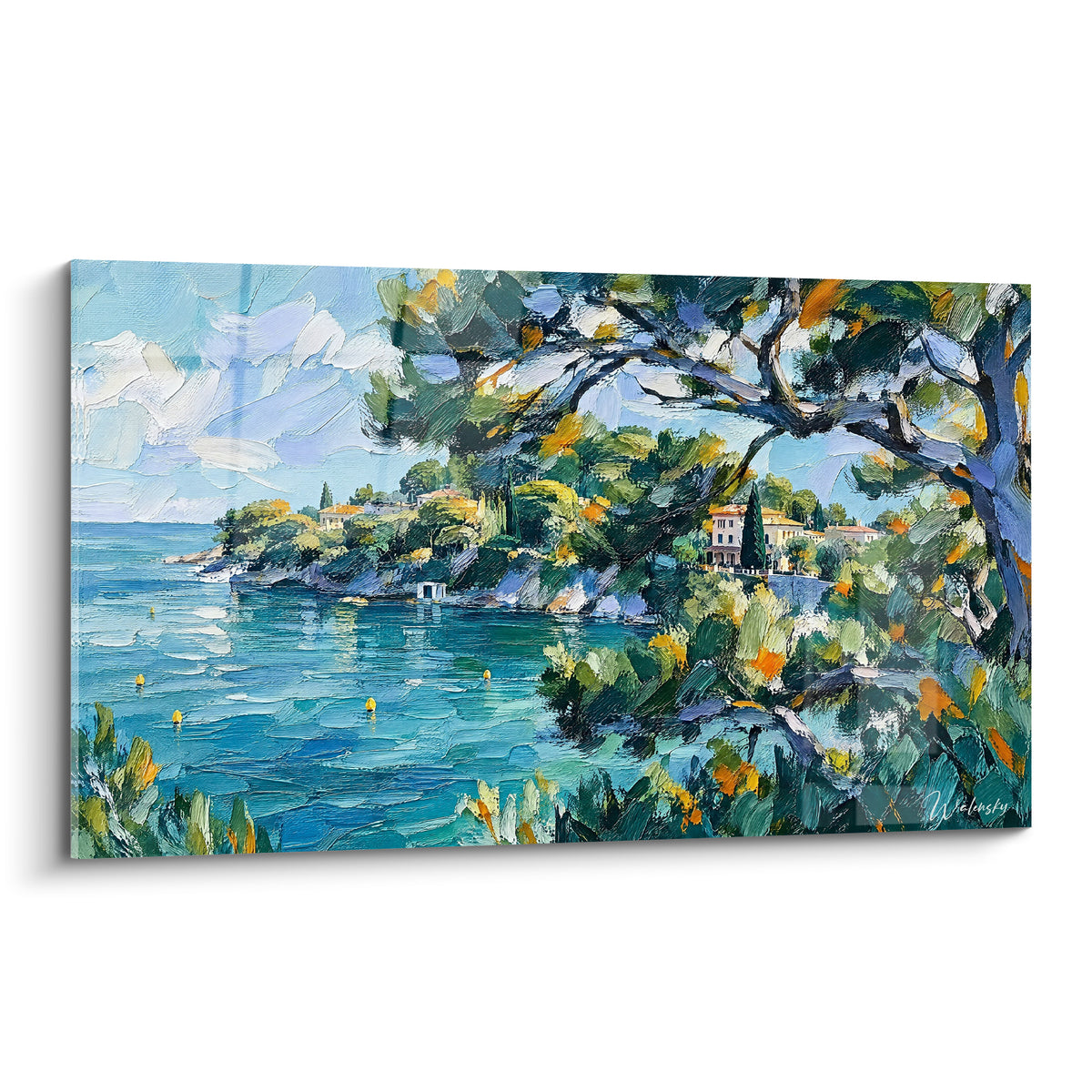 Tableau crique méditerranéenne turquoise et bleu marine, villas ocre et pin au feuillage vert olive peint en empâtements