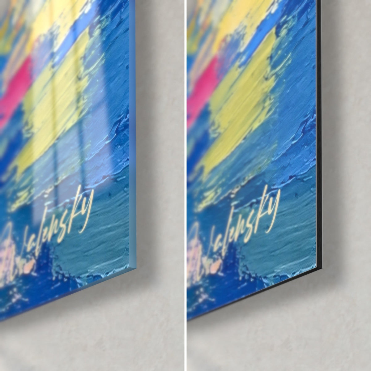 Cuadro Croisette en pintura gruesa, azul turquesa y amarillo limón: esquina inferior derecha, cristal brillante y Dibond mate