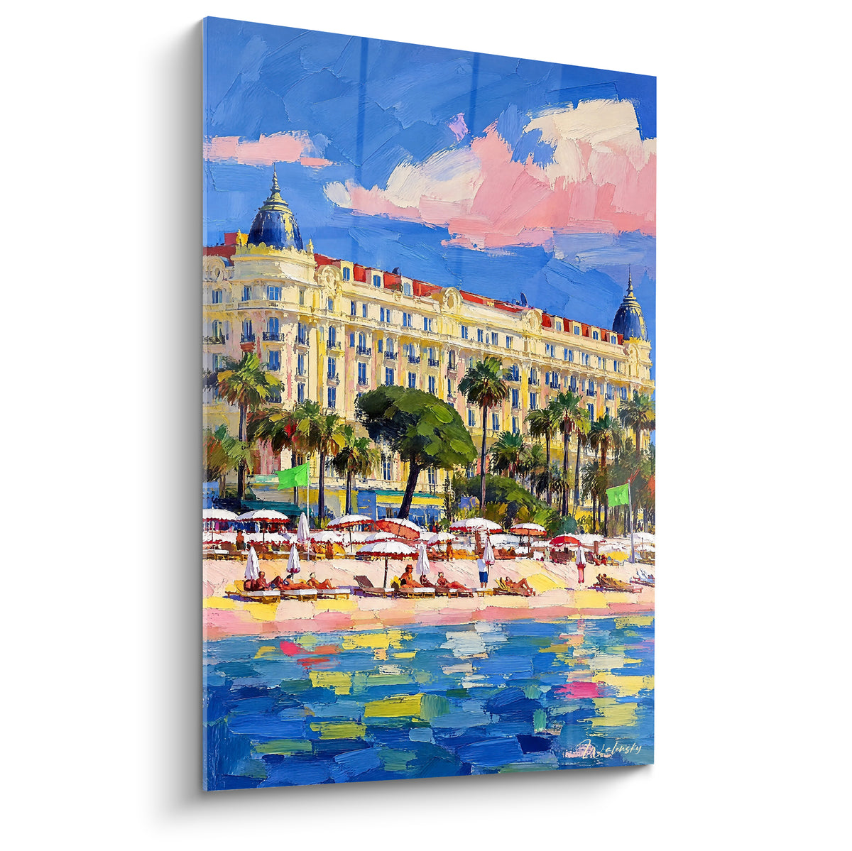 Cuadro palacio dorado de Cannes y playa turquesa pintados con pinceladas impresionistas vivas y contrastadas